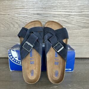 Birkenstock 41 Regular Suede Lugano Sandals Black New Soft Footbed